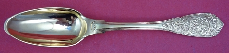 Dinner Spoon vermeil man dancing Dresden crossed swords & D mark w/ #12 possibly M = 1841 made in second half of 18th Century, applied 3D face on back of bowl 750 silver hand chased design 8